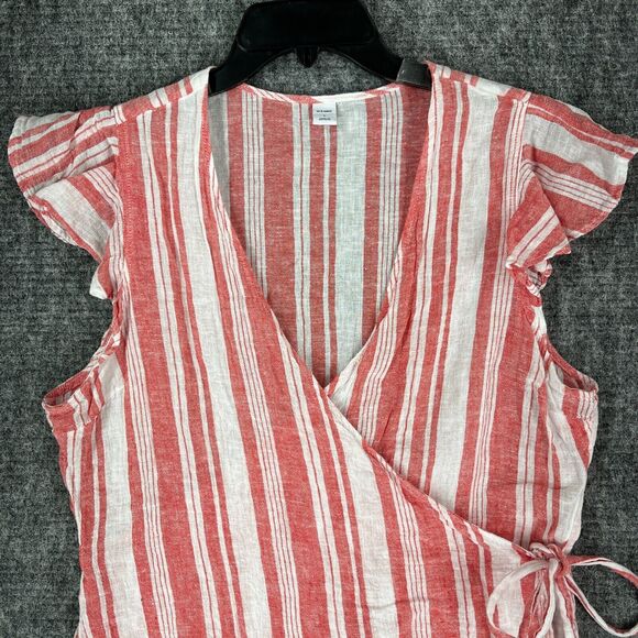 Old Navy Shirt Womens Large Red Wrap Chambray Basic Cotton Linen Striped Cropped - Picture 4 of 12